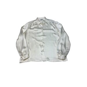 Vintage Russ Togs Cream Satin Button Up Blouse Long Sleeve Made in USA Cream L